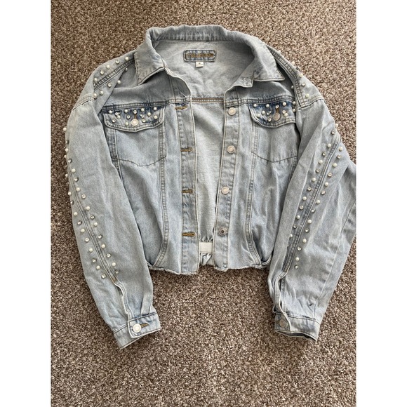 Maurices Jackets & Blazers - Maurices Light Wash Pearl Rhinestone Embellished Cropped Denim Jacket Small